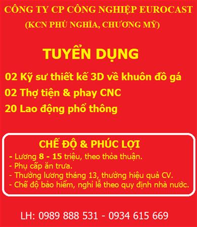 Tuyển dụng kỹ sư, thợ tiện, lao động phổ thông